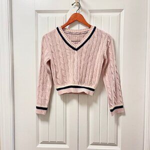 Cropped Cable Knit V-Neck Sweater Pink Navy - XS